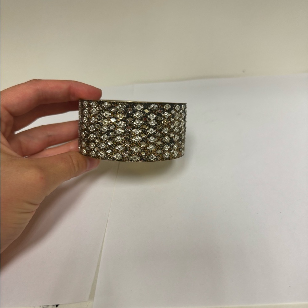 Gold Tone Rhinestone Mirrored Geometric Wide Cuff Bangle Bracelet Statement‎